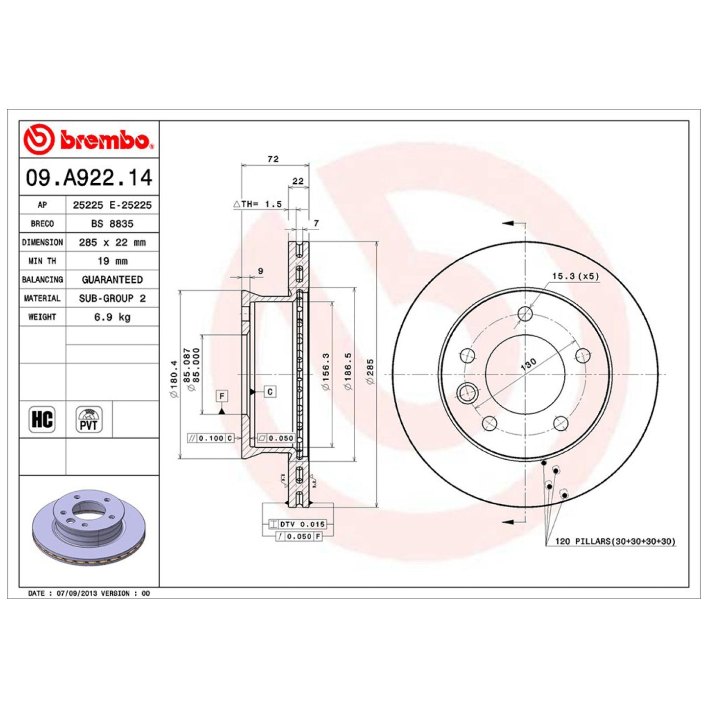 BRE-09.A922.10 - PAR DE DISCOS DE FRENO DELANTEROS PARA MERCEDES-BENZ SPRINTER 416 CDI 2004-2006