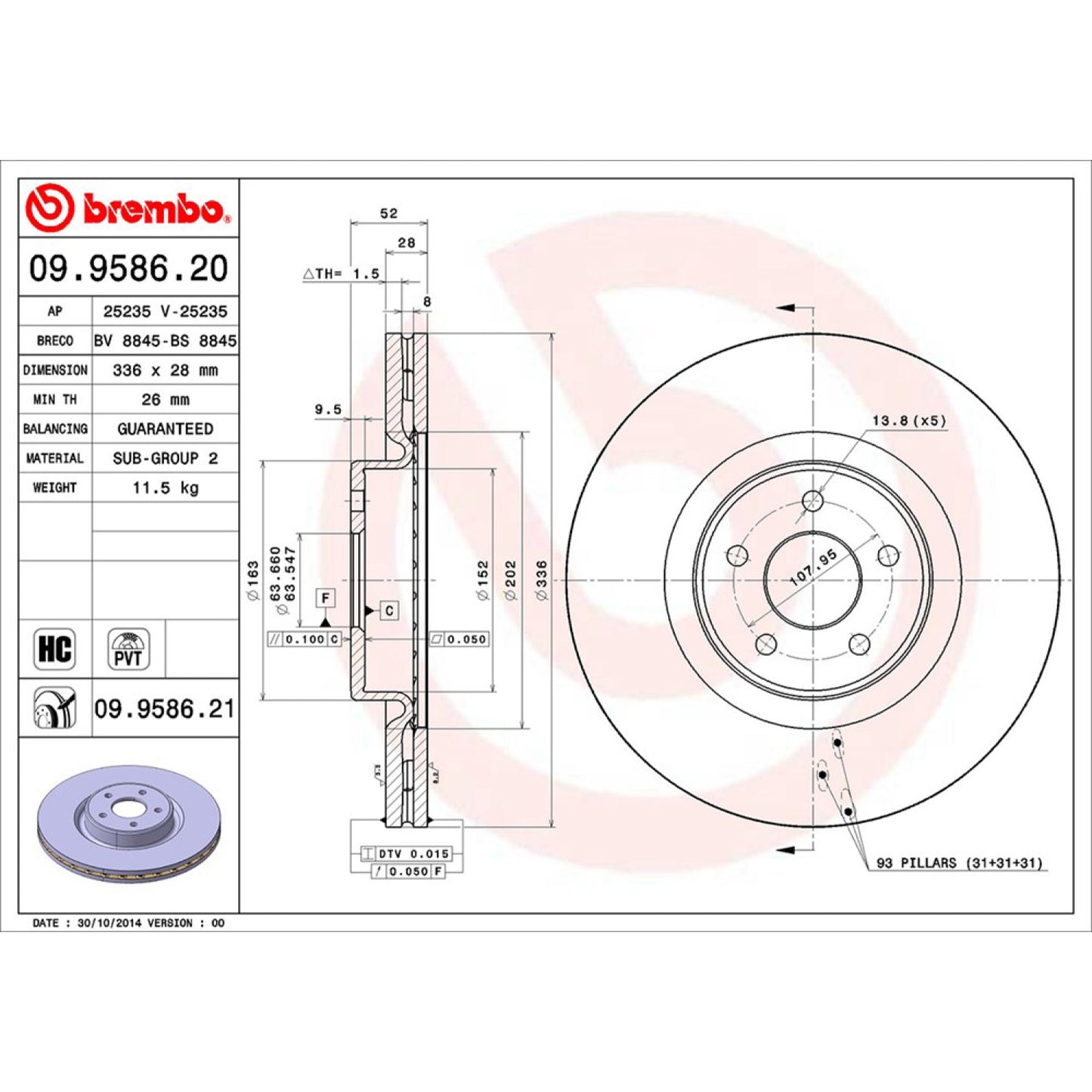 BRE-09.9586.21 - PAR DE DISCOS DE FRENO DELANTEROS PARA FORD FOCUS RS 2010-2011