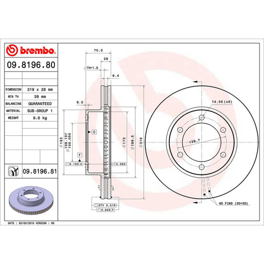 BRE-09.8196.80 - PAR DE DISCOS DE FRENO DELANTEROS PARA TOYOTA SEQUOIA LIMITED 2001-2007