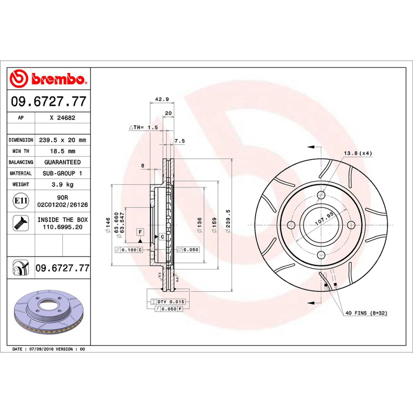 BRE-09.6727.77 - PAR DE DISCOS DE FRENO DELANTEROS PARA FORD FIESTA BASE  1.6 4 2001-2001