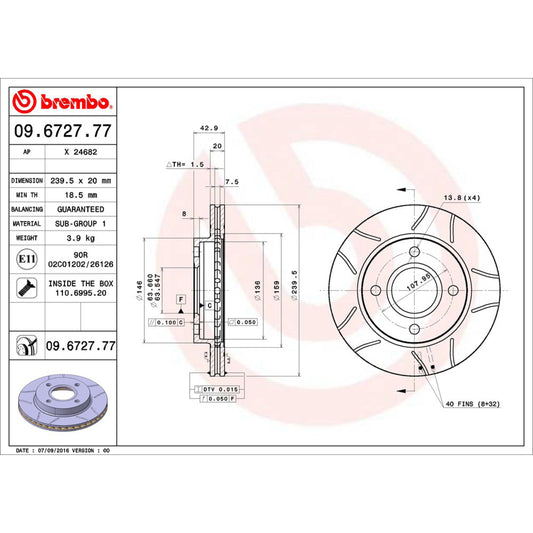 BRE-09.6727.77 - PAR DE DISCOS DE FRENO DELANTEROS PARA FORD FIESTA BASE  1.6 4 2001-2001