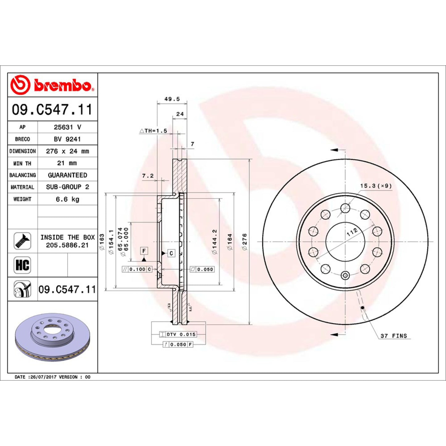 BRE-09.C547.11 - PAR DE DISCOS DE FRENO DELANTEROS PARA SEAT LEON BASE 2012-2012