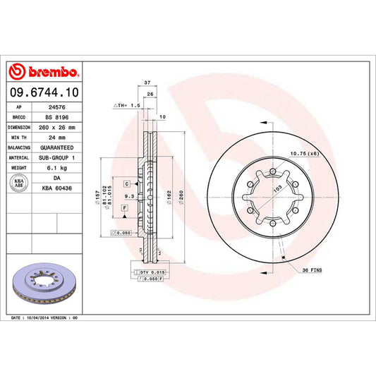 BRE-09.6744.10 - PAR DE DISCOS DE FRENO DELANTEROS PARA NISSAN URVAN DX 2000-2001
