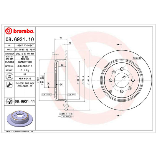 BRE-08.6931.11 - PAR DE DISCOS DE FRENO TRASEROS PARA PEUGEOT 406 BASE 2000-2002