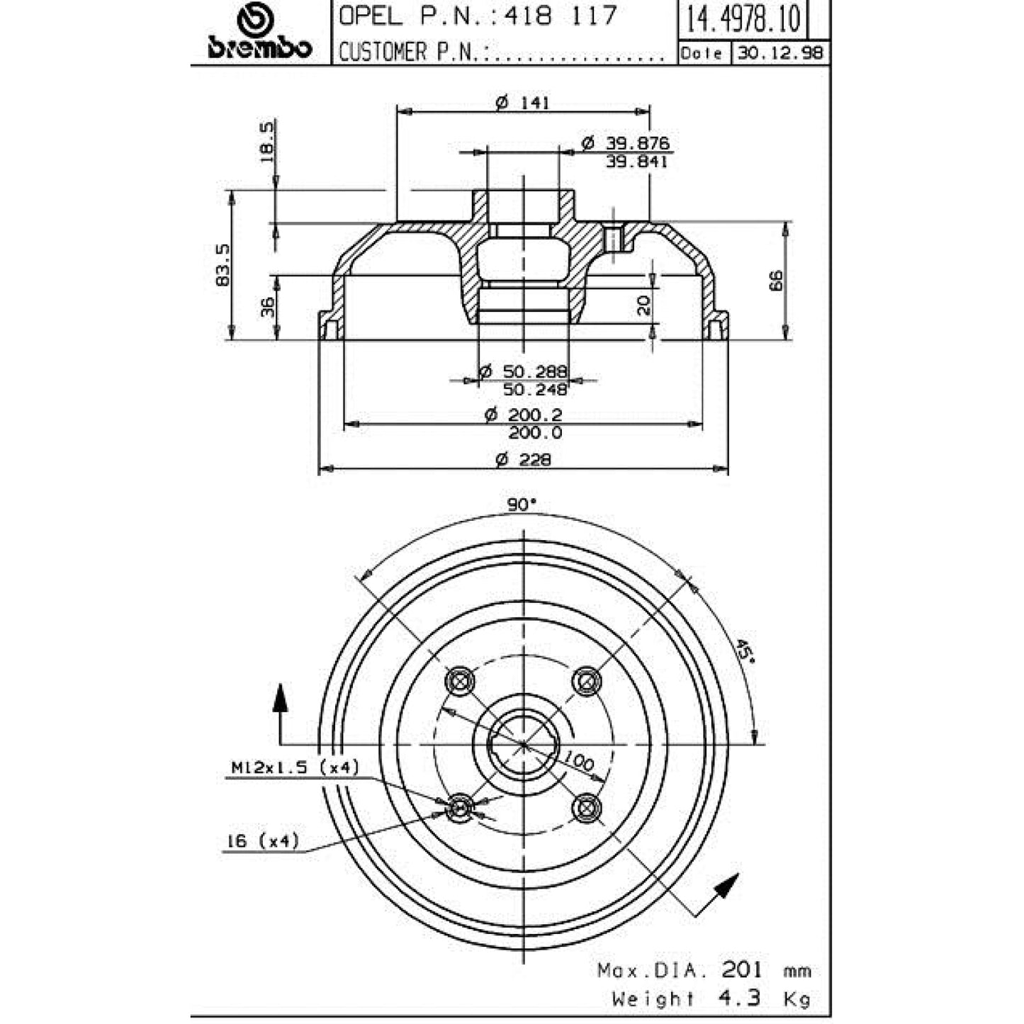 BRE-14.4978.10 - PAR DE TAMBORES DE FRENO TRASEROS PARA CHEVROLET CHEVY BASE 1996-2012