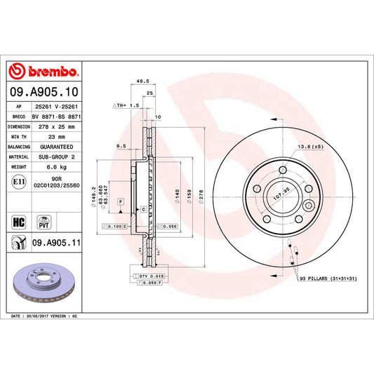 BRE-09.A905.10 - PAR DE DISCOS DE FRENO DELANTEROS PARA FORD C-MAX ENERGI SEL 2013-2013