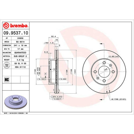 BRE-09.9537.10 - PAR DE DISCOS DE FRENO DELANTEROS PARA DODGE VERNA GL 2004-2006