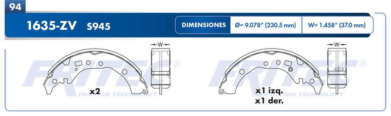 OW-1635-ZV BALATAS (1635-S945) XD 2009-2013 TOYOTA COROLLA 2009-2011 PRIUS C 2018-2019 TOYOTA