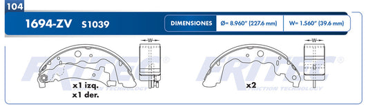 OW-1694-ZV BALATAS (1694-S1039) DUSTER 2013-2013 DUSTER EXPRESSION MEX 2013-2013 RENAULT