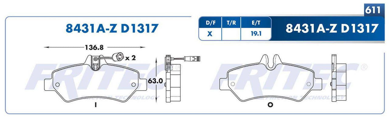 SHD8431A-Z BALATAS (8431A-D1317) R.T. TRUCK SPRINTER 2500 2006-2015 MERCEDES BENZ TRUCK SPRINTER 315 2007-2012 MERCEDES DODGE