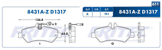 SHD8431A-Z BALATAS (8431A-D1317) R.T. TRUCK SPRINTER 2500 2006-2015 MERCEDES BENZ TRUCK SPRINTER 315 2007-2012 MERCEDES DODGE