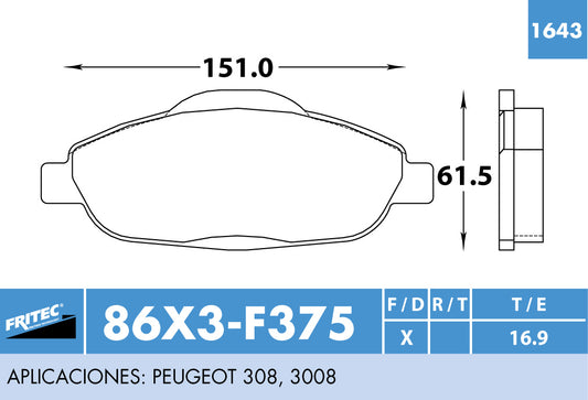 SPC-86X3-Z BALATAS SPC-8922-Z 8922-D1696 (FDB-4003)(D)PEUGEOT 308 CC 09/12 308 RC 2012 PEUGEOT