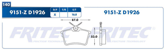 SPC-9151-Z BALATAS (9151-D1926) R.T. PARTNER TEPEE PARTNER HDI 2013-2019 PEUGEOT