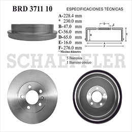 RV-BRD371110 DISCO Y ROTOR DE FRENOS VW POLO 1.6L 14/15 VENTO 14/19 TAMBOR VOLKSWAGEN